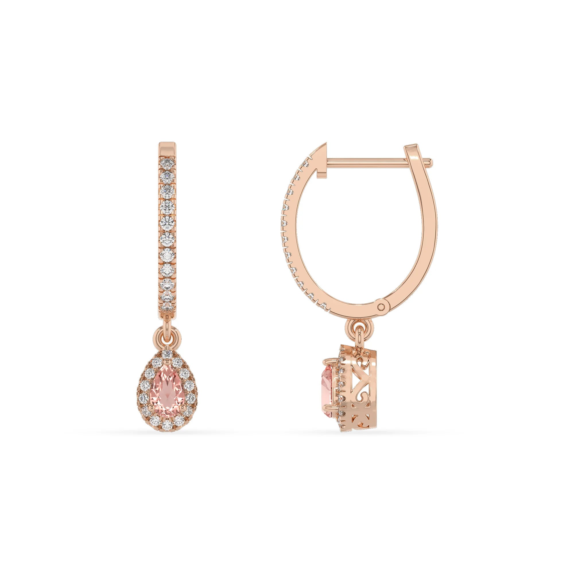 lab grown morganite pear drop earrings in rose gold