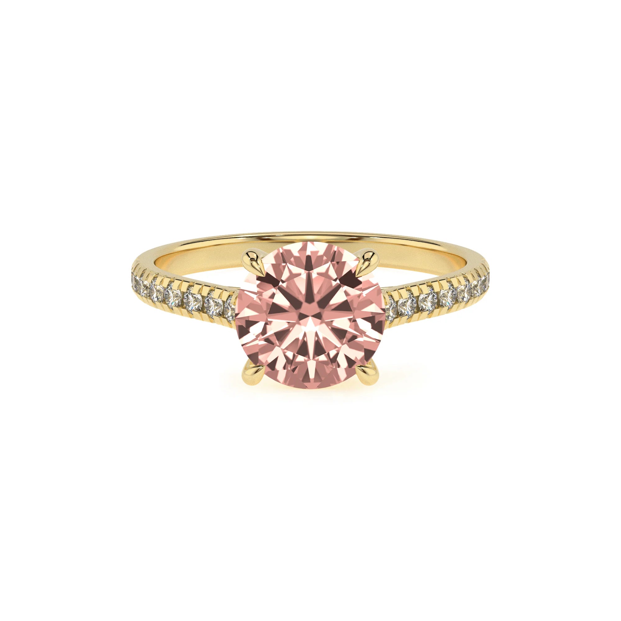 lab grown morganite round half eternity solitaire engagement rings in yellow gold