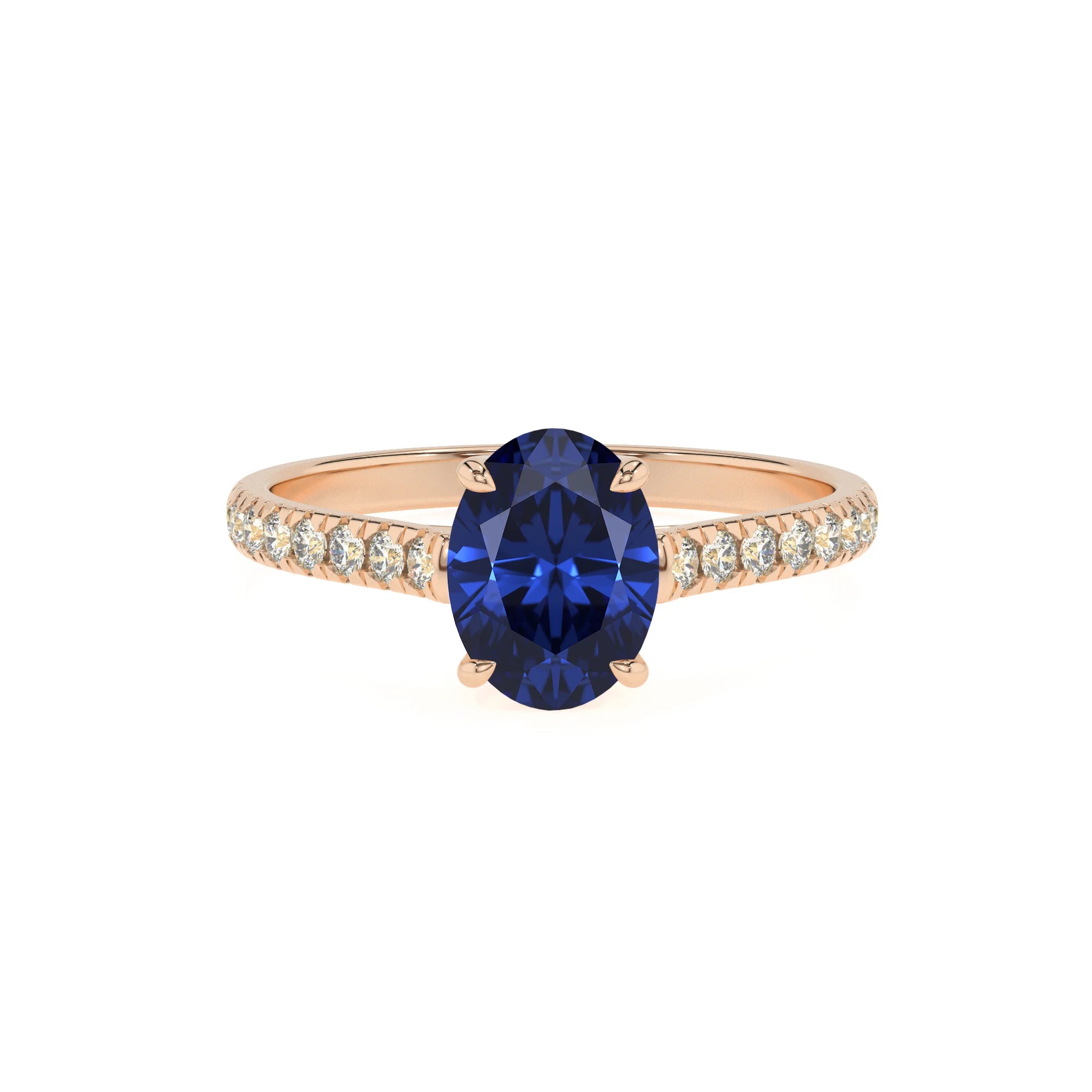 lab grown blue-sapphire oval half eternity solitaire engagement rings in rose gold