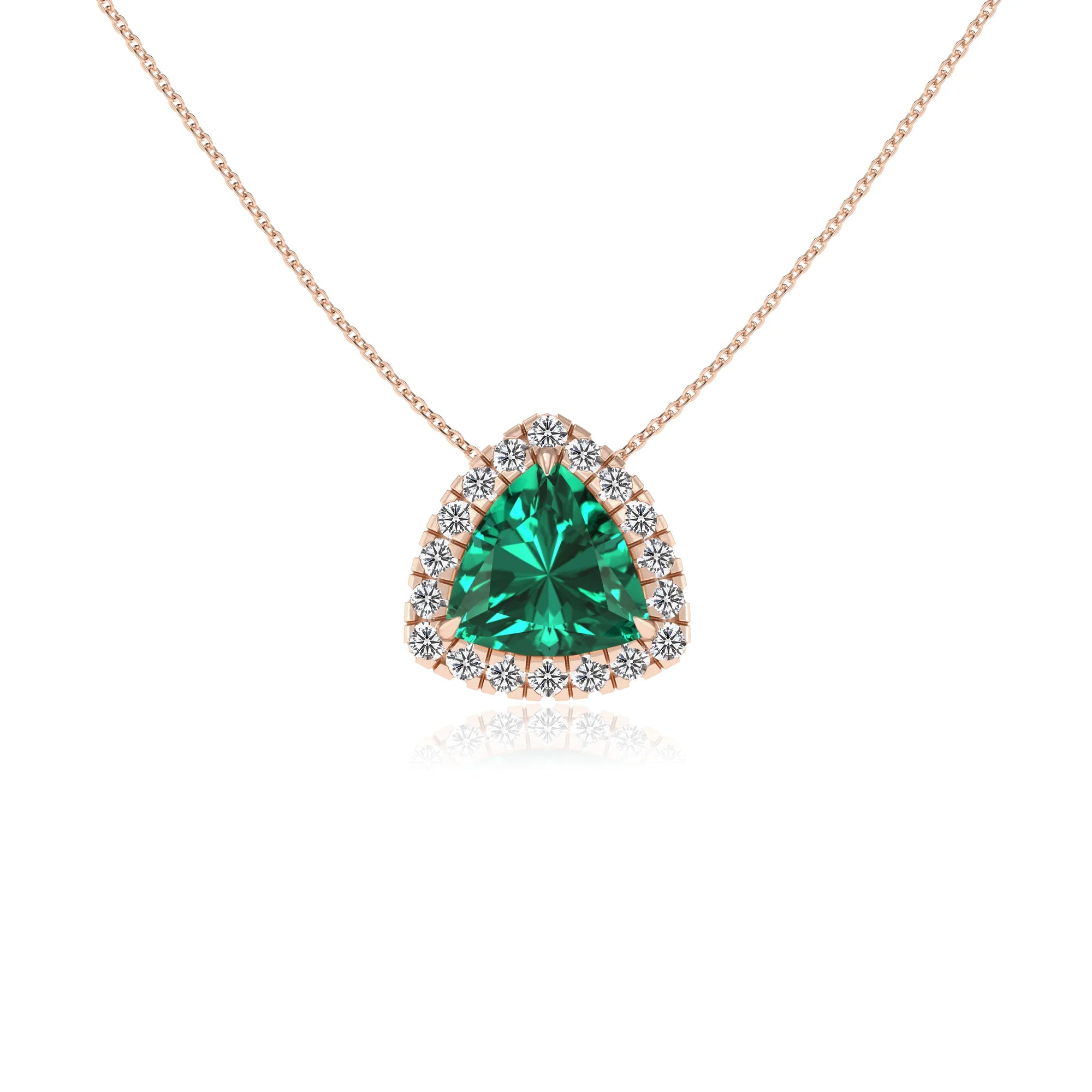 lab grown emerald trillion solitaire necklaces in rose gold