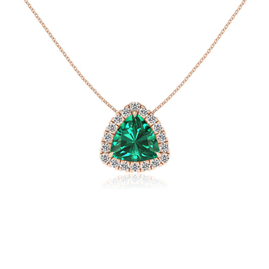lab grown emerald trillion solitaire necklaces in rose gold