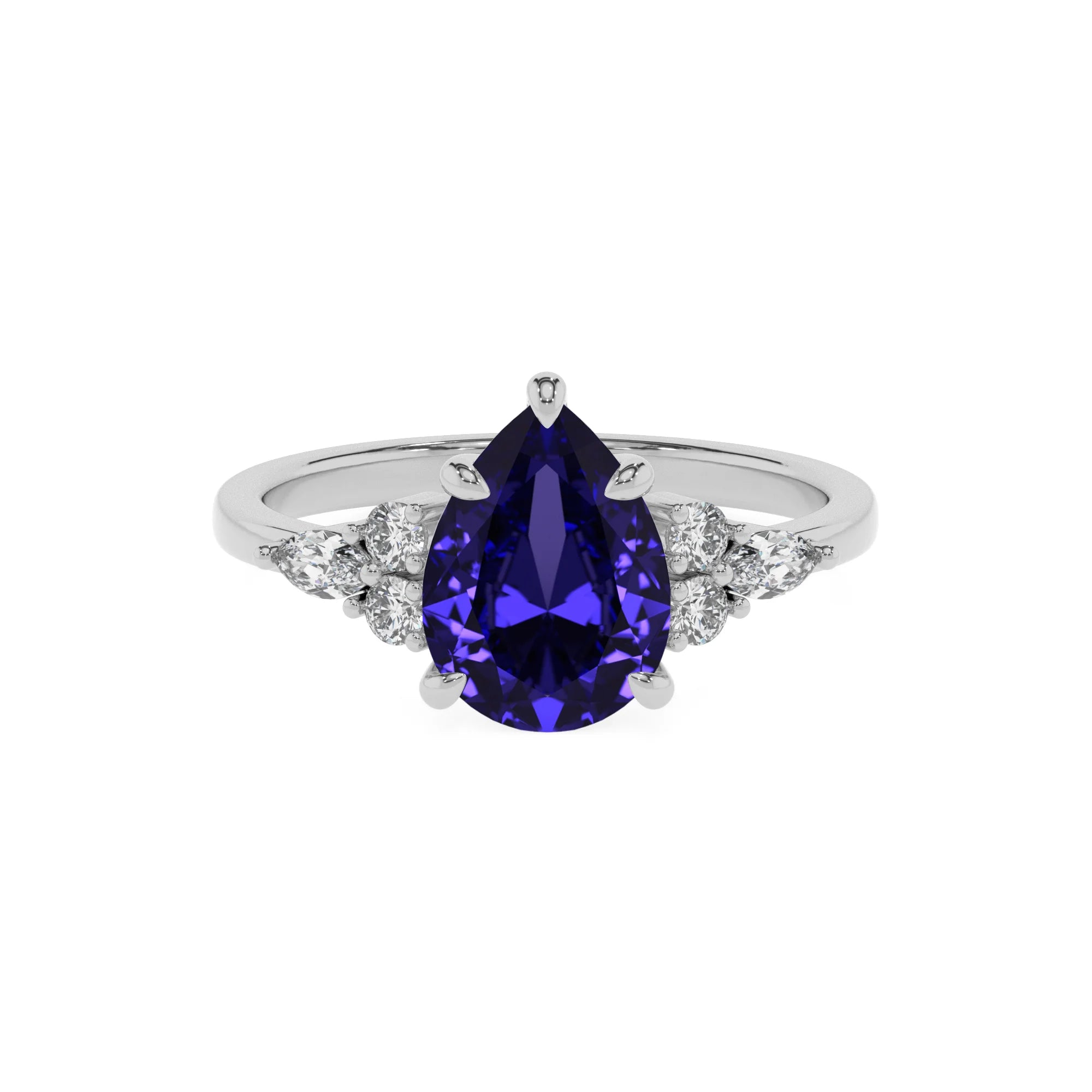 lab grown tanzanite pear solitaire rings in platinum