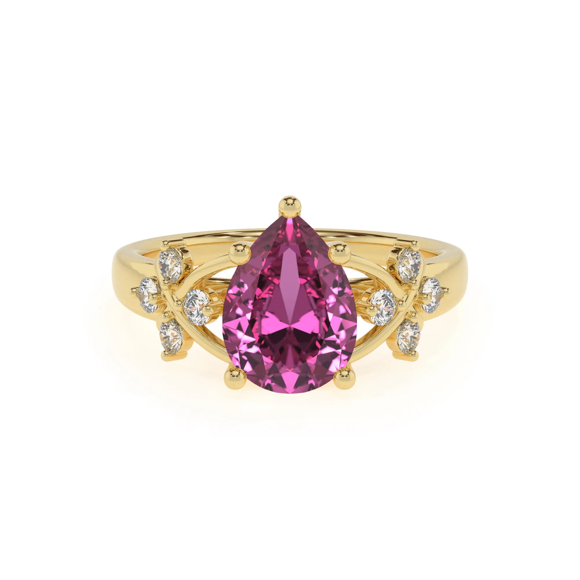 lab grown pink-sapphire pear solitaire rings in yellow gold