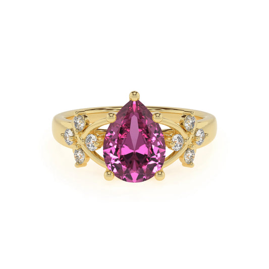 lab grown pink-sapphire pear solitaire rings in yellow gold