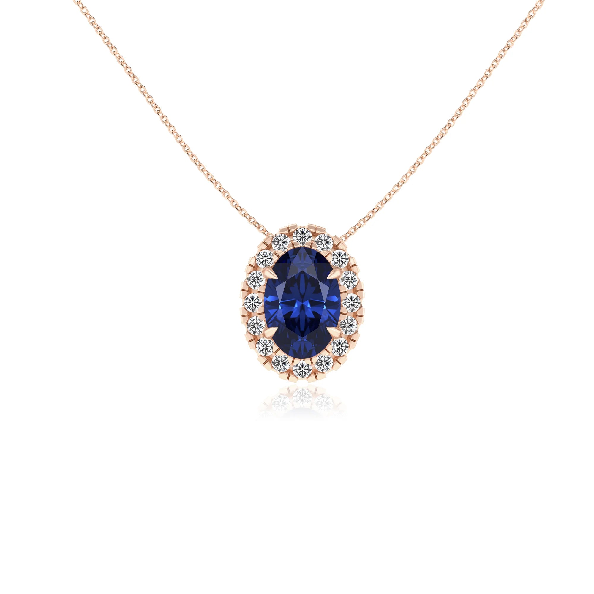 lab grown blue sapphire oval solitaire necklaces in rose gold