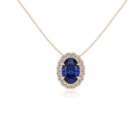 lab grown blue sapphire oval solitaire necklaces in rose gold