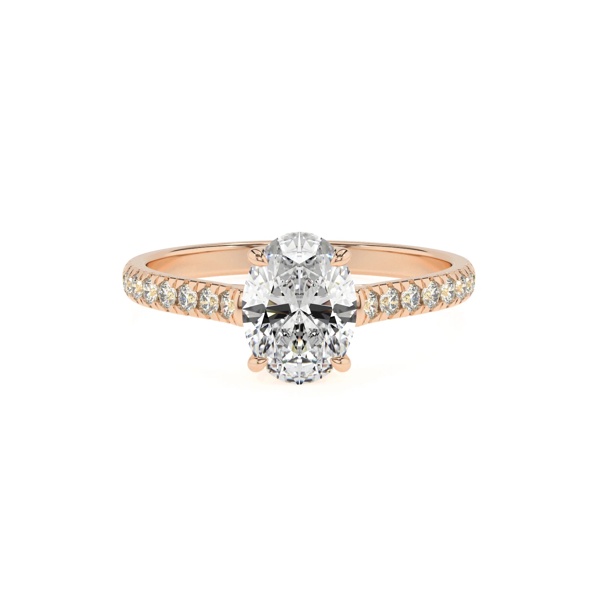lab grown moissanite oval half eternity solitaire engagement rings in rose gold