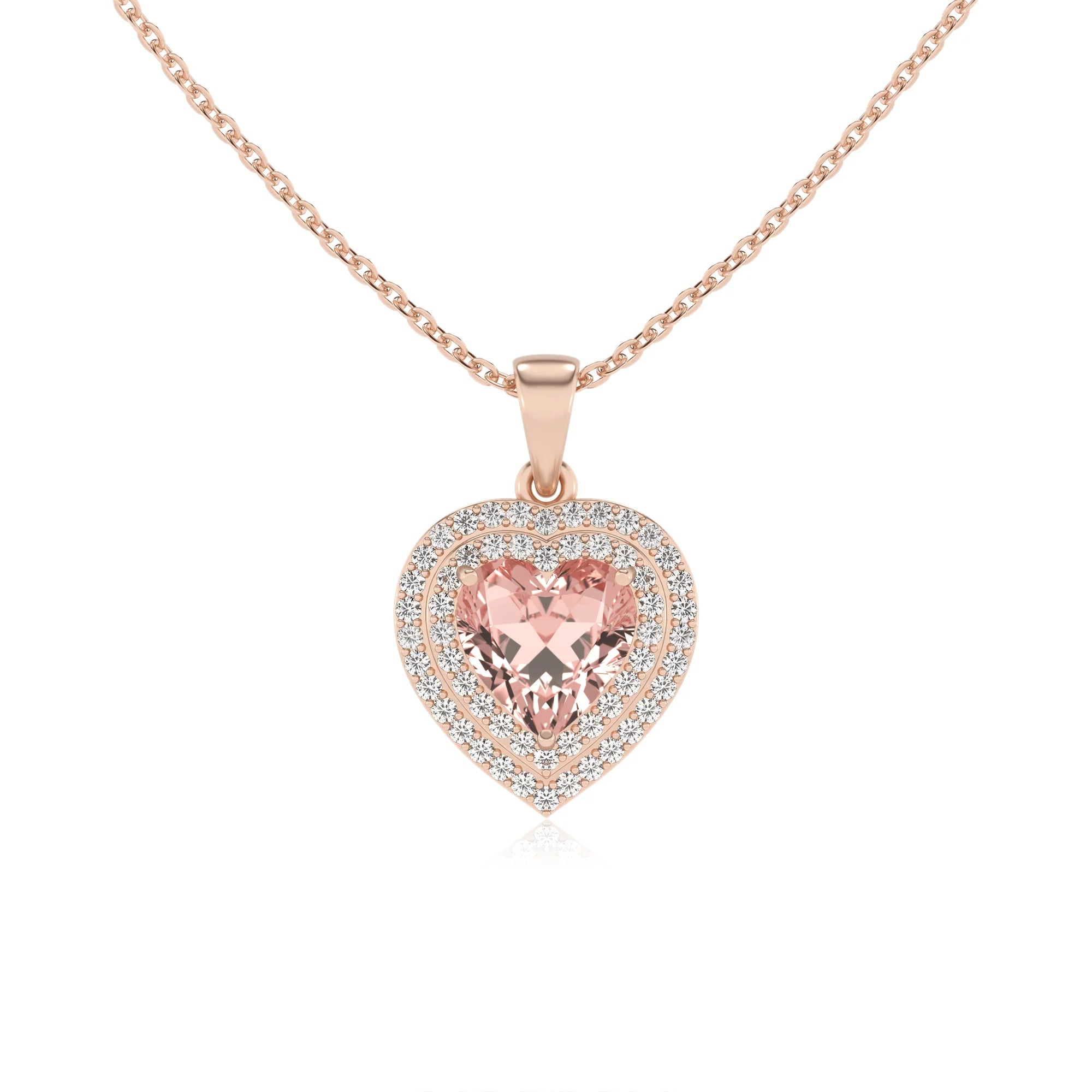lab grown morganite heart halo necklaces in rose gold
