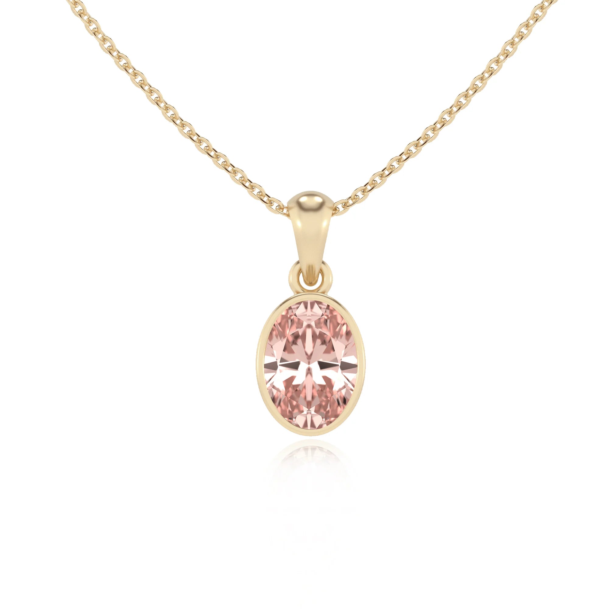 lab grown morganite oval solitaire necklaces in yellow gold