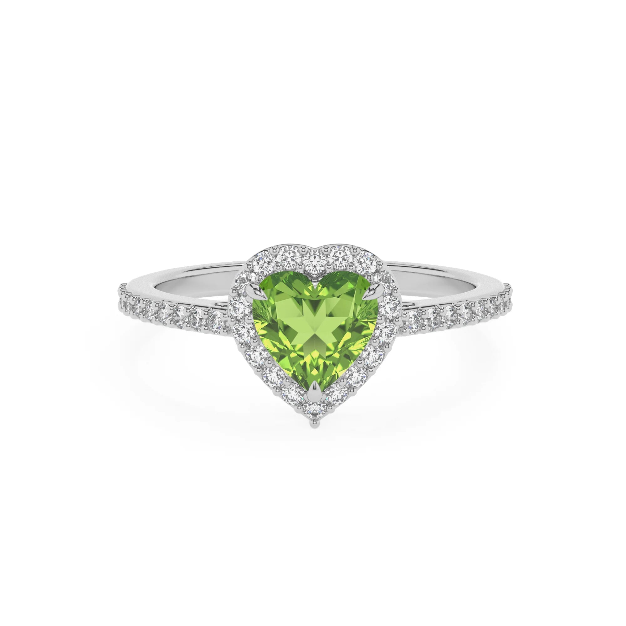 natural peridot heart solitaire rings in platinum