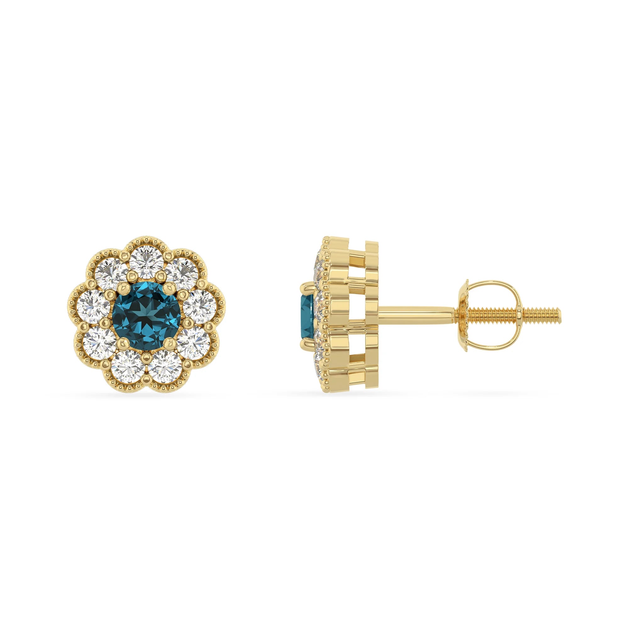 natural london blue topaz round stud earrings in yellow gold