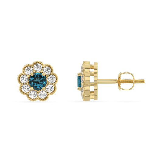 natural london blue topaz round stud earrings in yellow gold