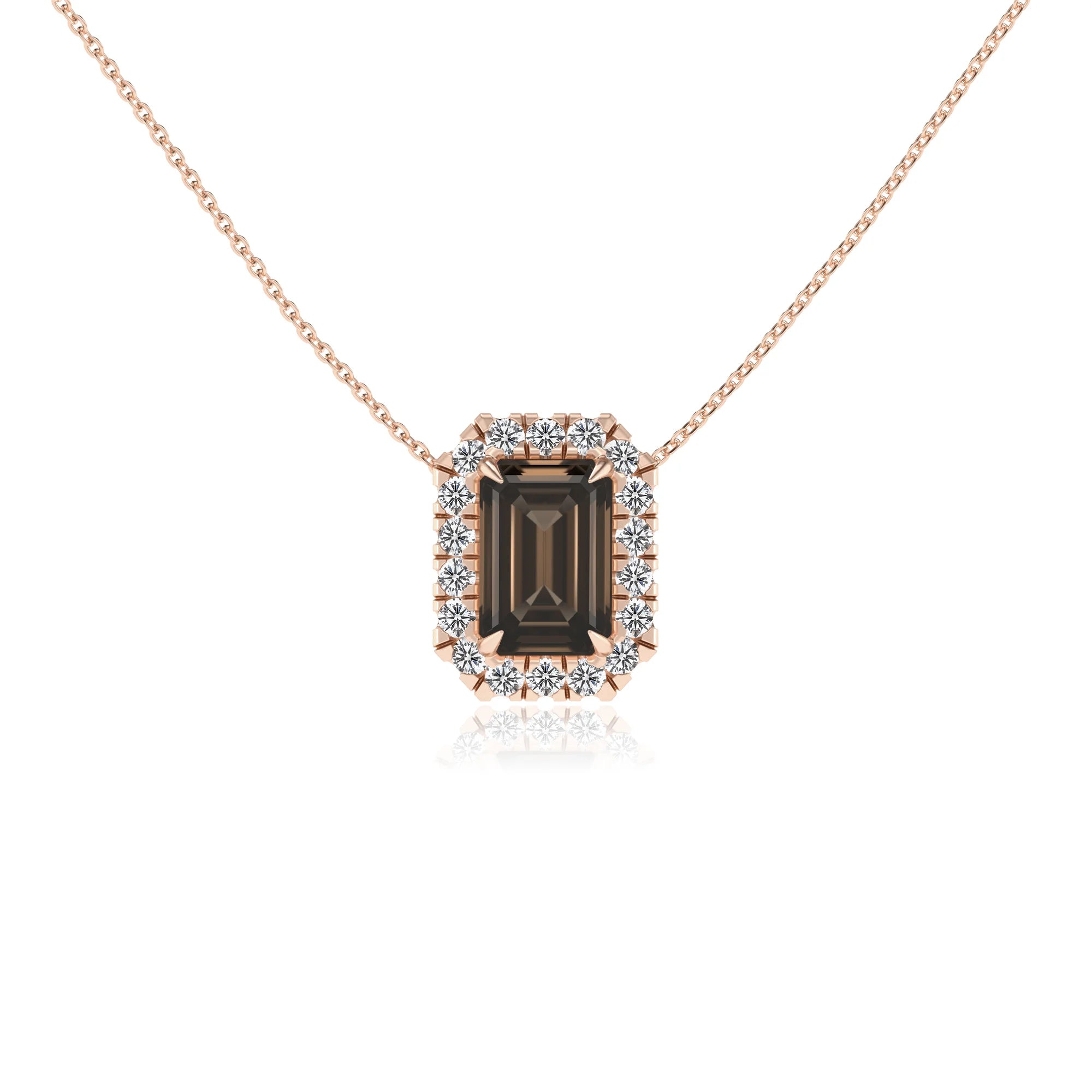 natural smoky quartz emerald cut solitaire necklaces in rose gold