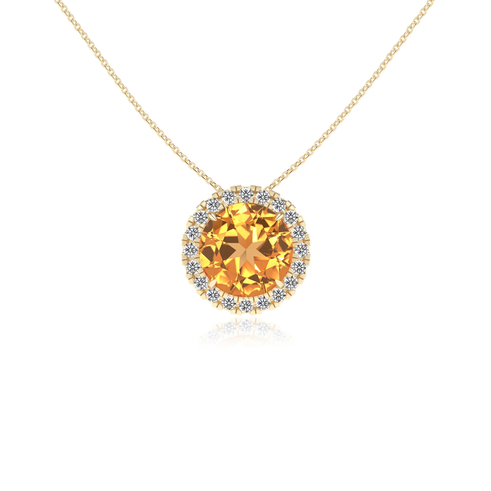 lab grown citrine round solitaire necklaces in yellow gold