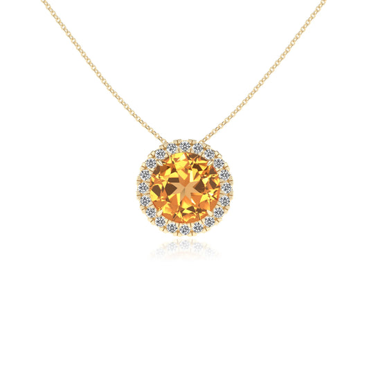 lab grown citrine round solitaire necklaces in yellow gold