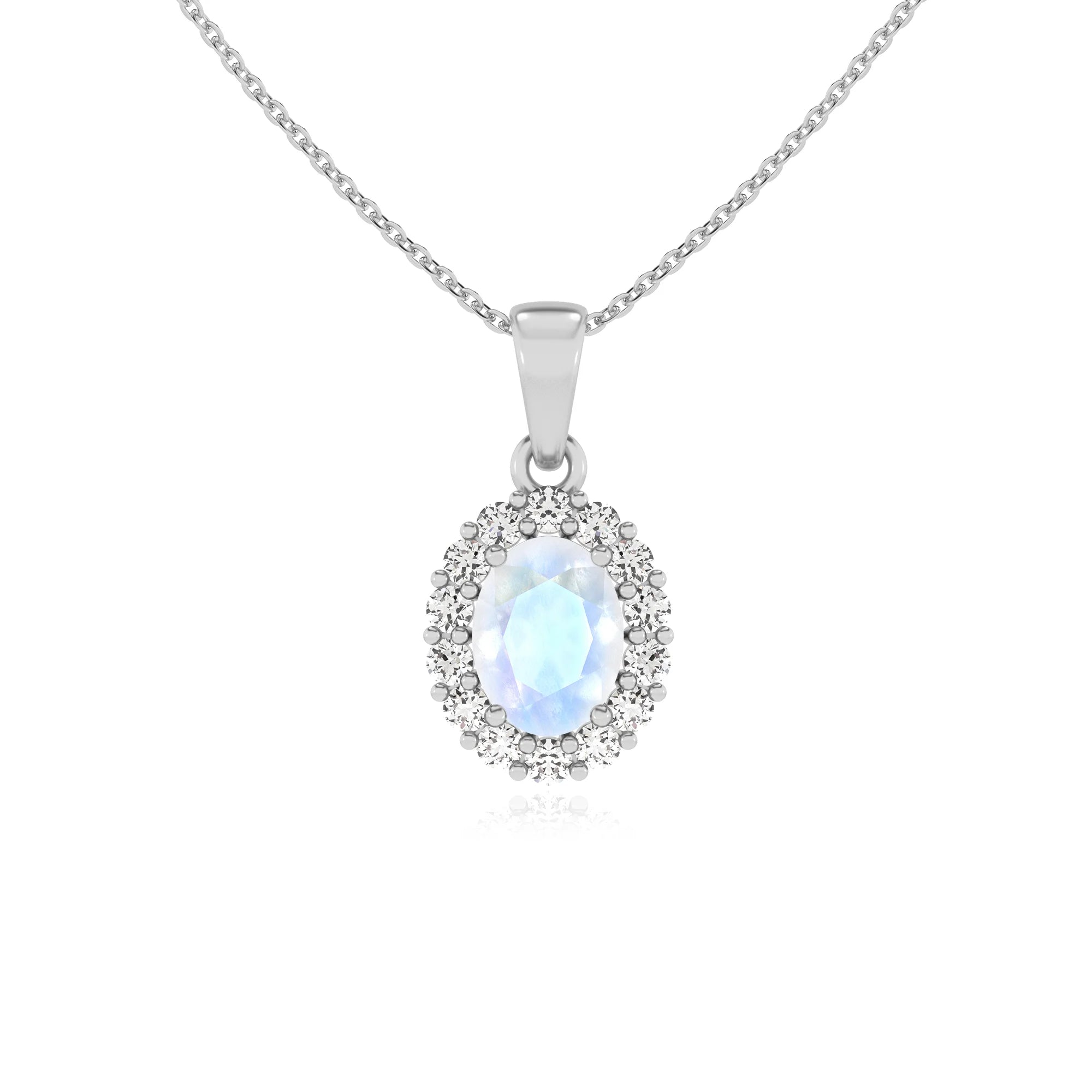natural rainbow-moonstone oval solitaire necklaces in platinum