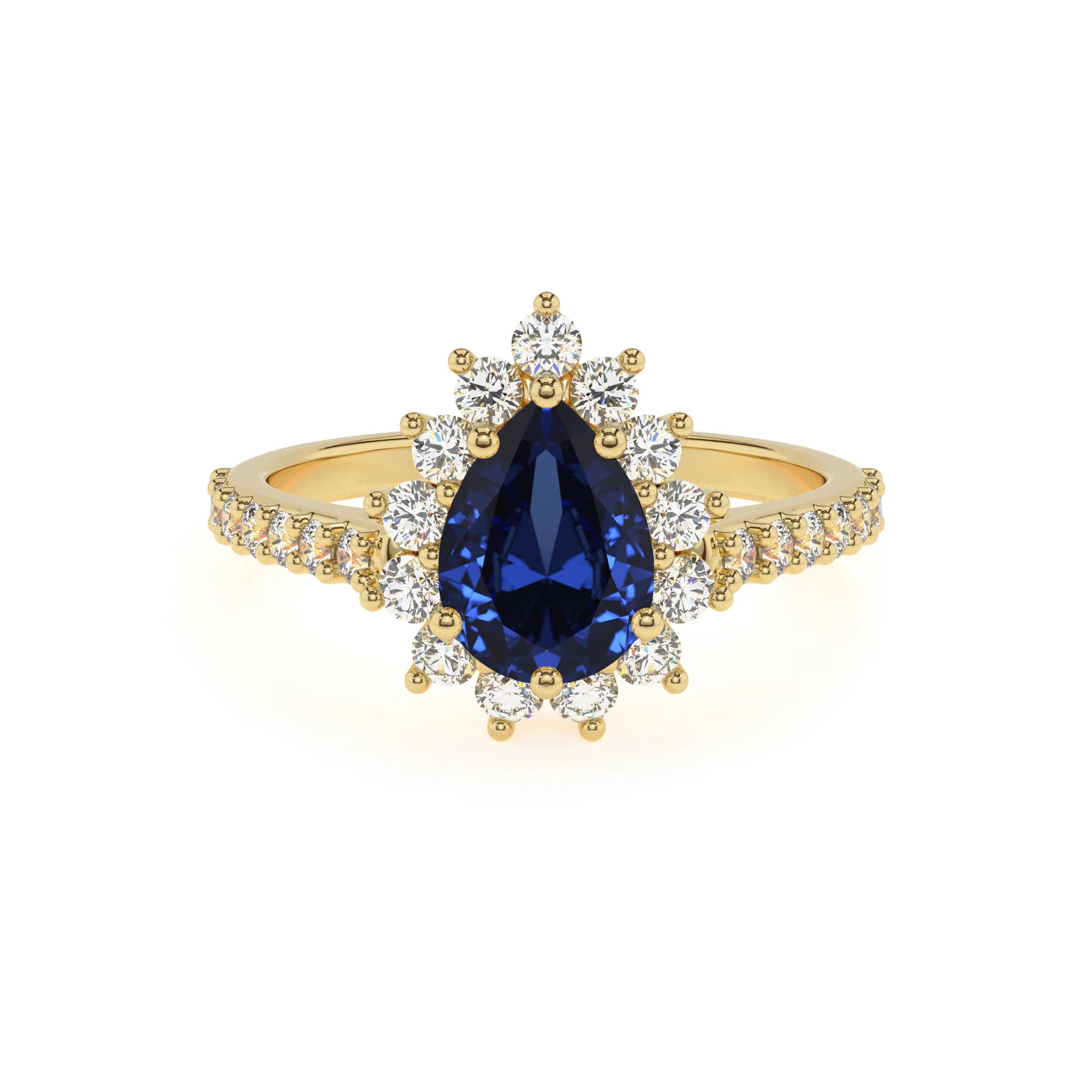 lab grown blue-sapphire pear solitaire rings in yellow gold