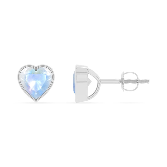 natural rainbow moonstone heart stud earrings in sterling silver