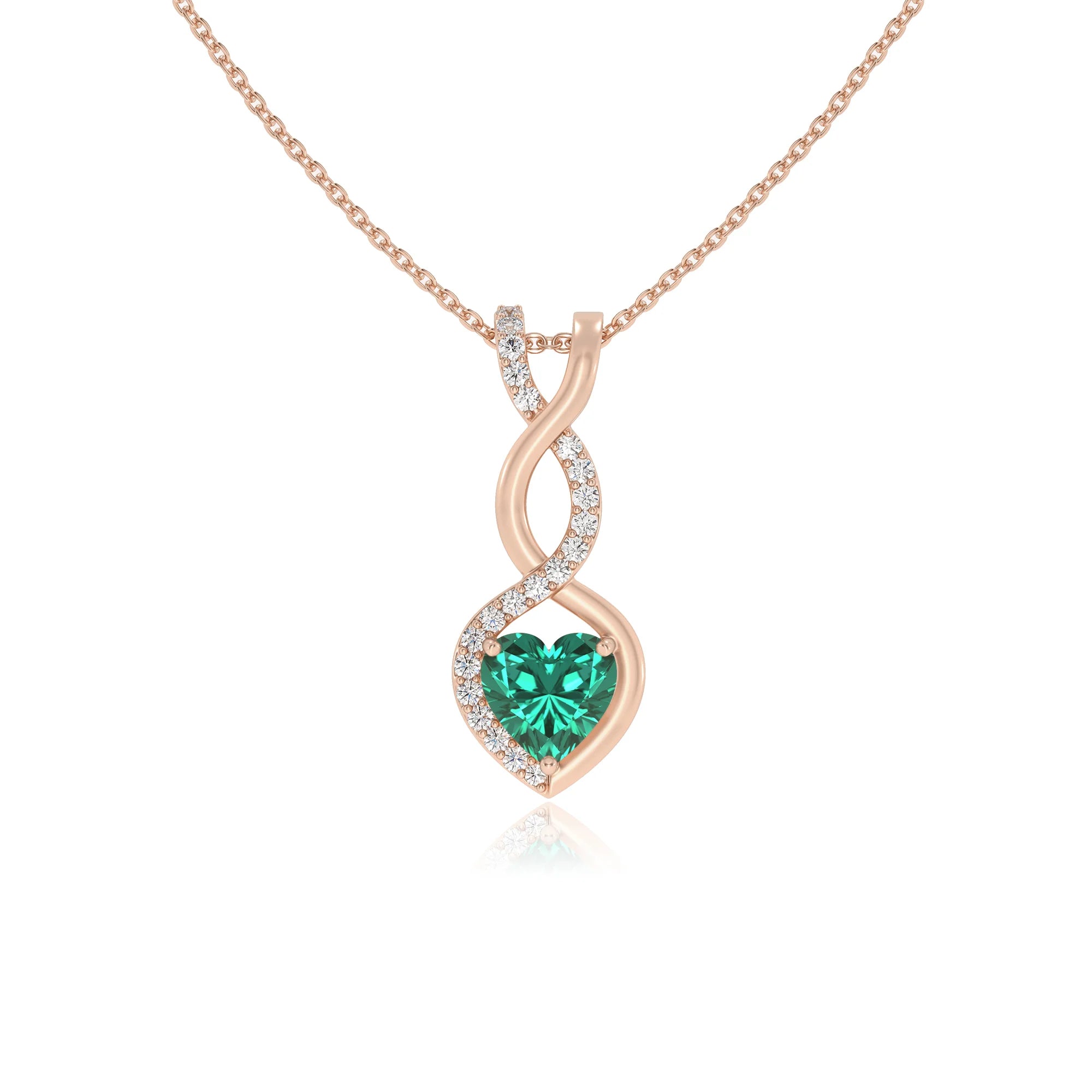 lab grown emerald heart infinity necklaces in rose gold