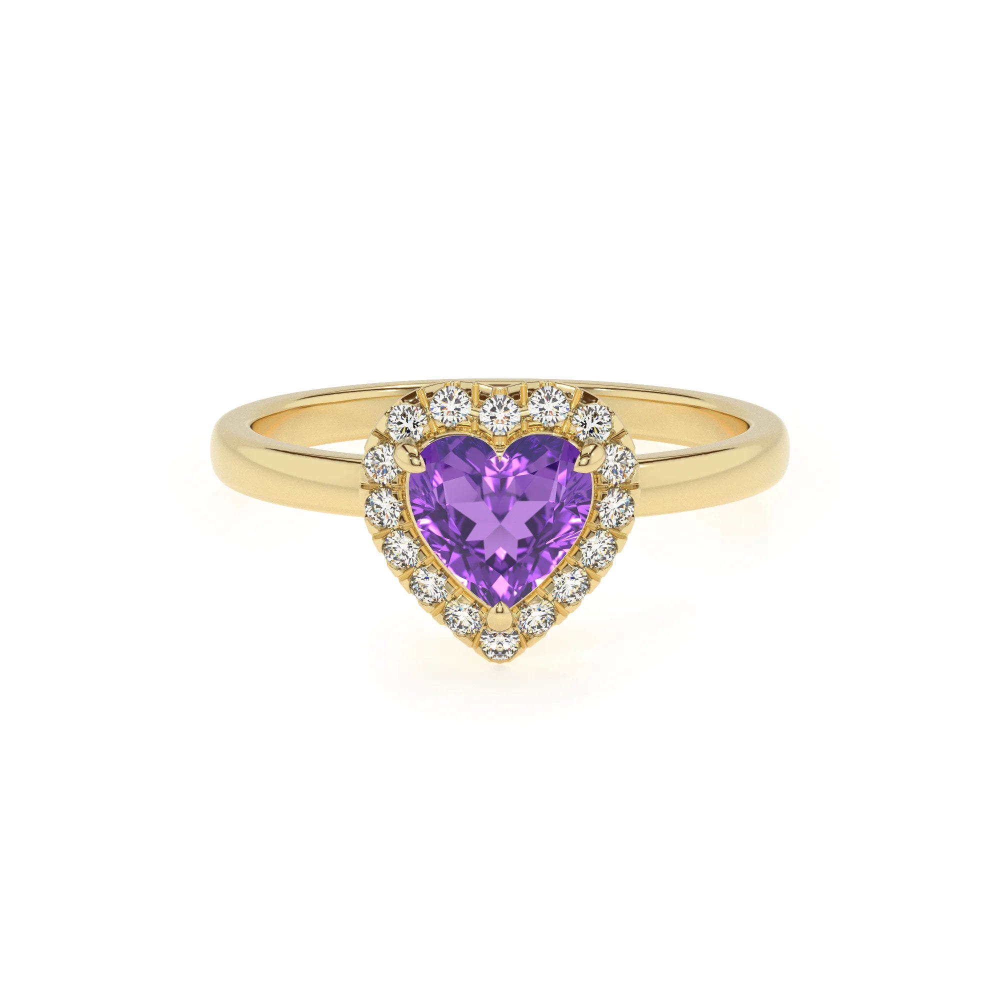 lab grown amethyst heart solitaire rings in yellow gold