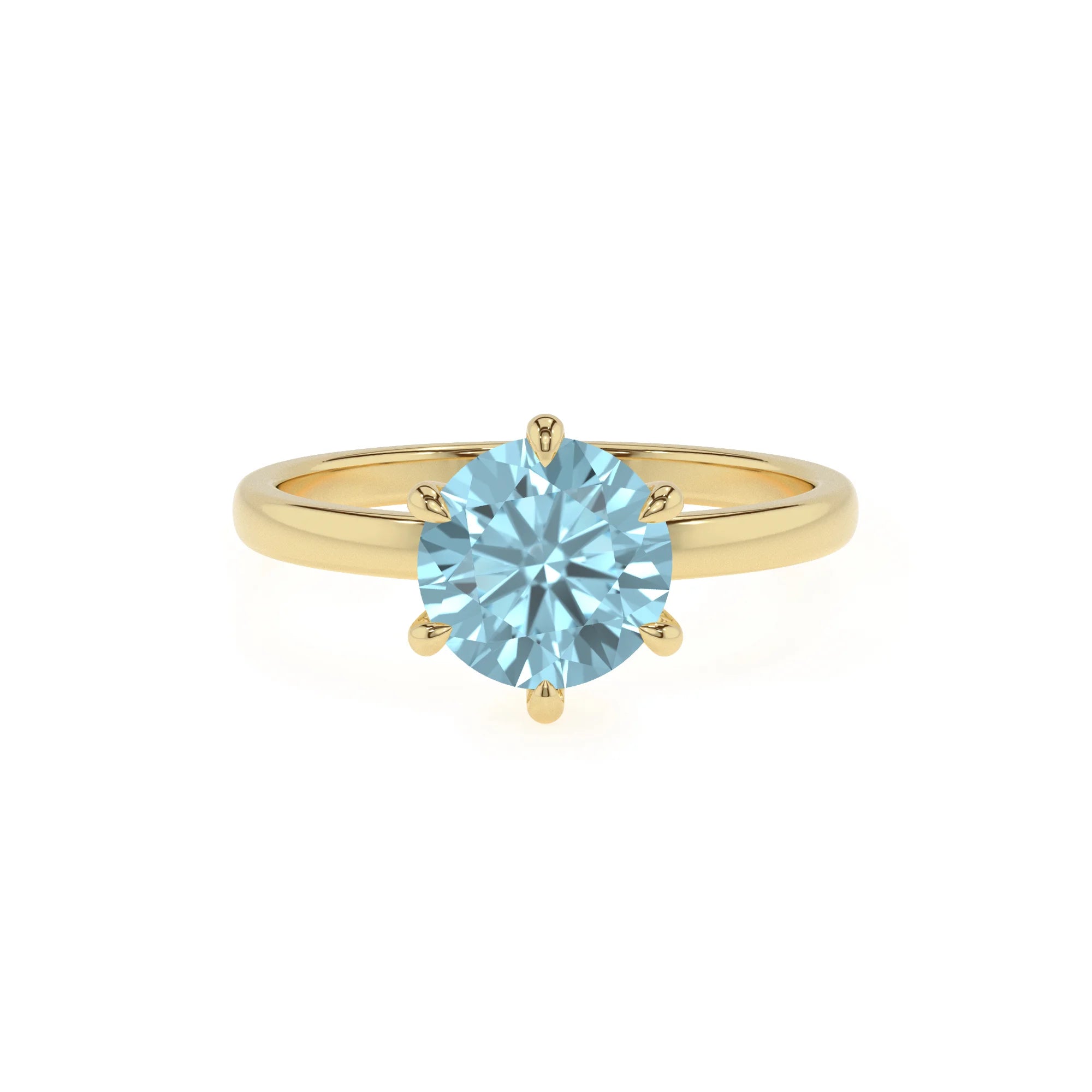 lab grown aquamarine round solitaire rings in yellow gold