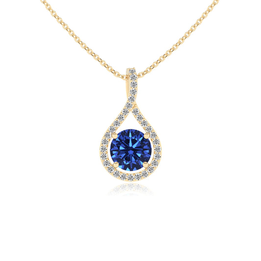 lab grown blue-sapphire round solitaire necklaces in yellow gold