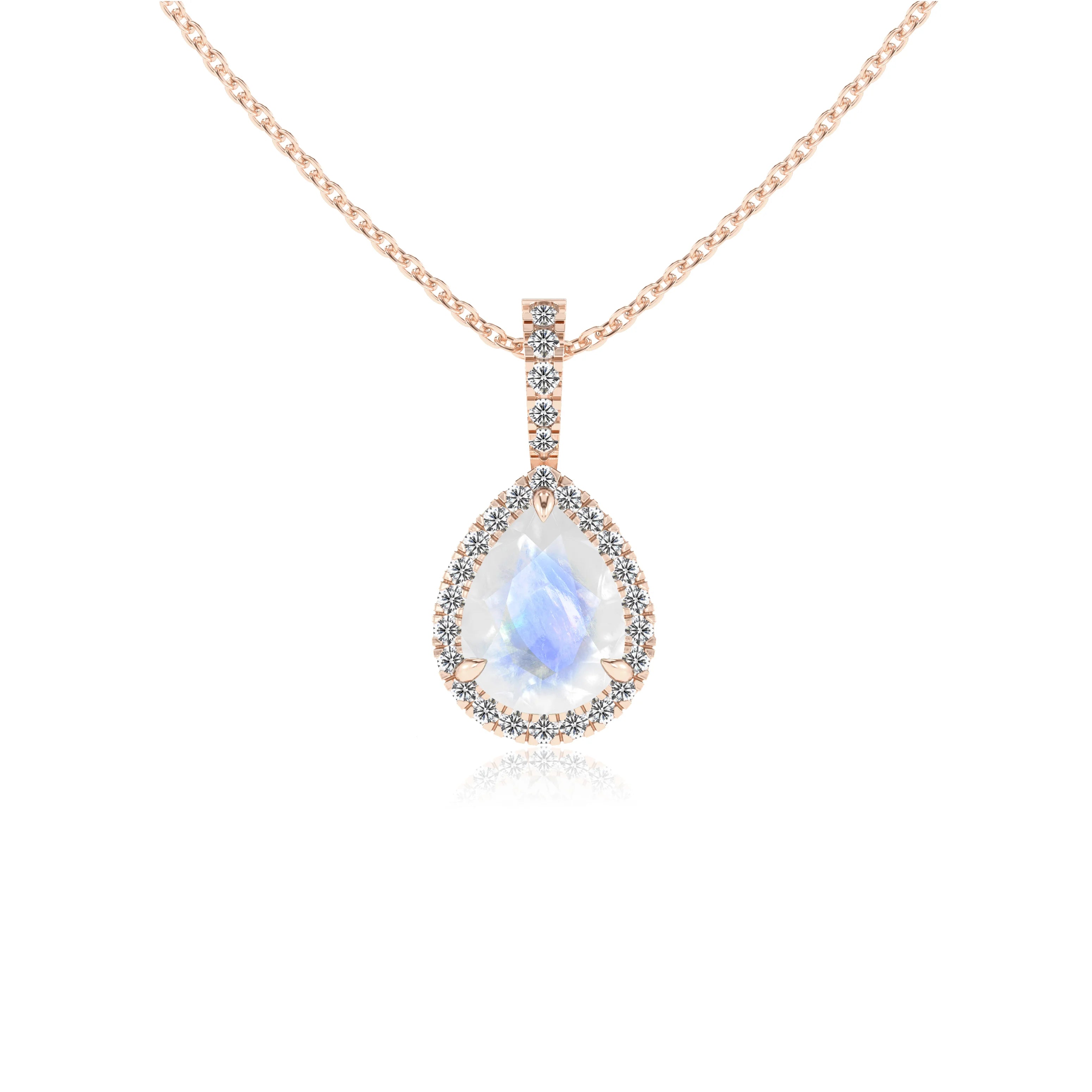 natural rainbow-moonstone pear solitaire necklaces in rose gold