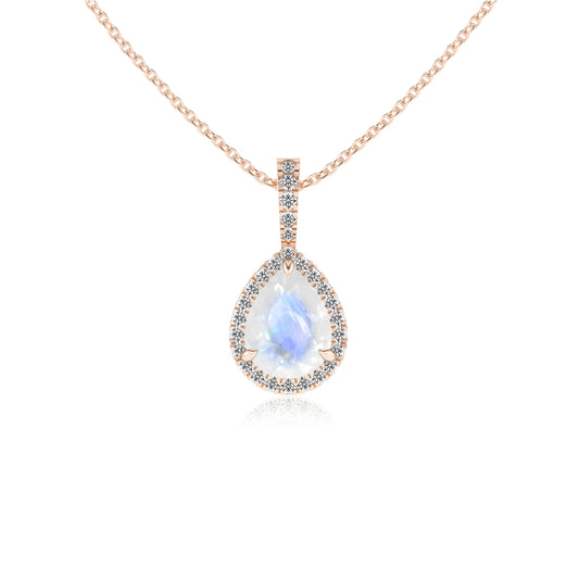 natural rainbow-moonstone pear solitaire necklaces in rose gold