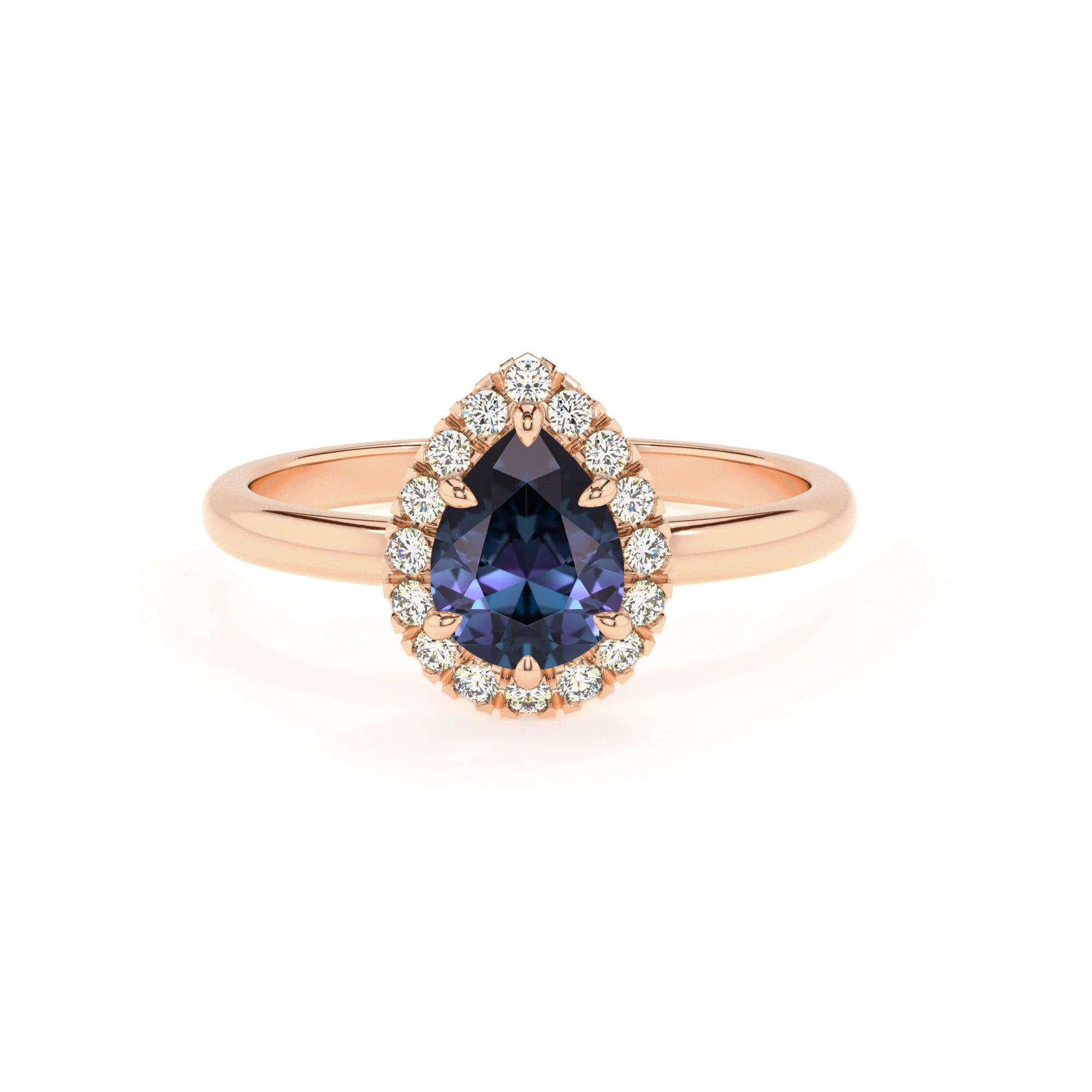 lab grown alexandrite pear solitaire rings in rose gold