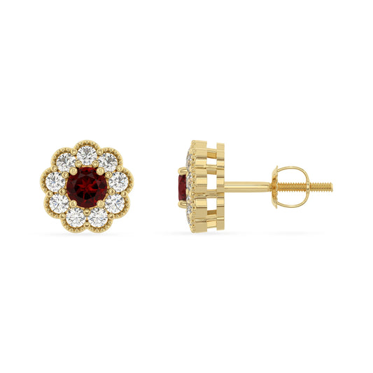 natural garnet round stud earrings in yellow gold