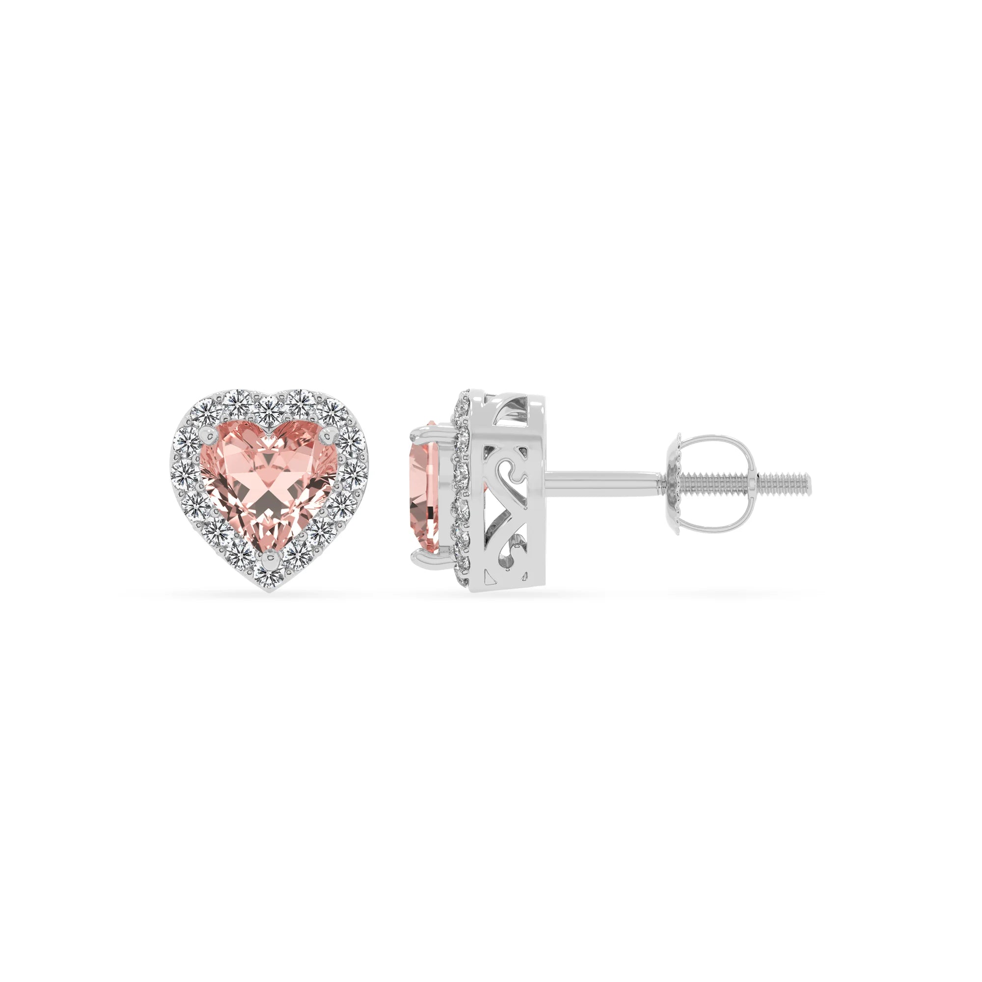 lab grown morganite heart stud earrings in white gold