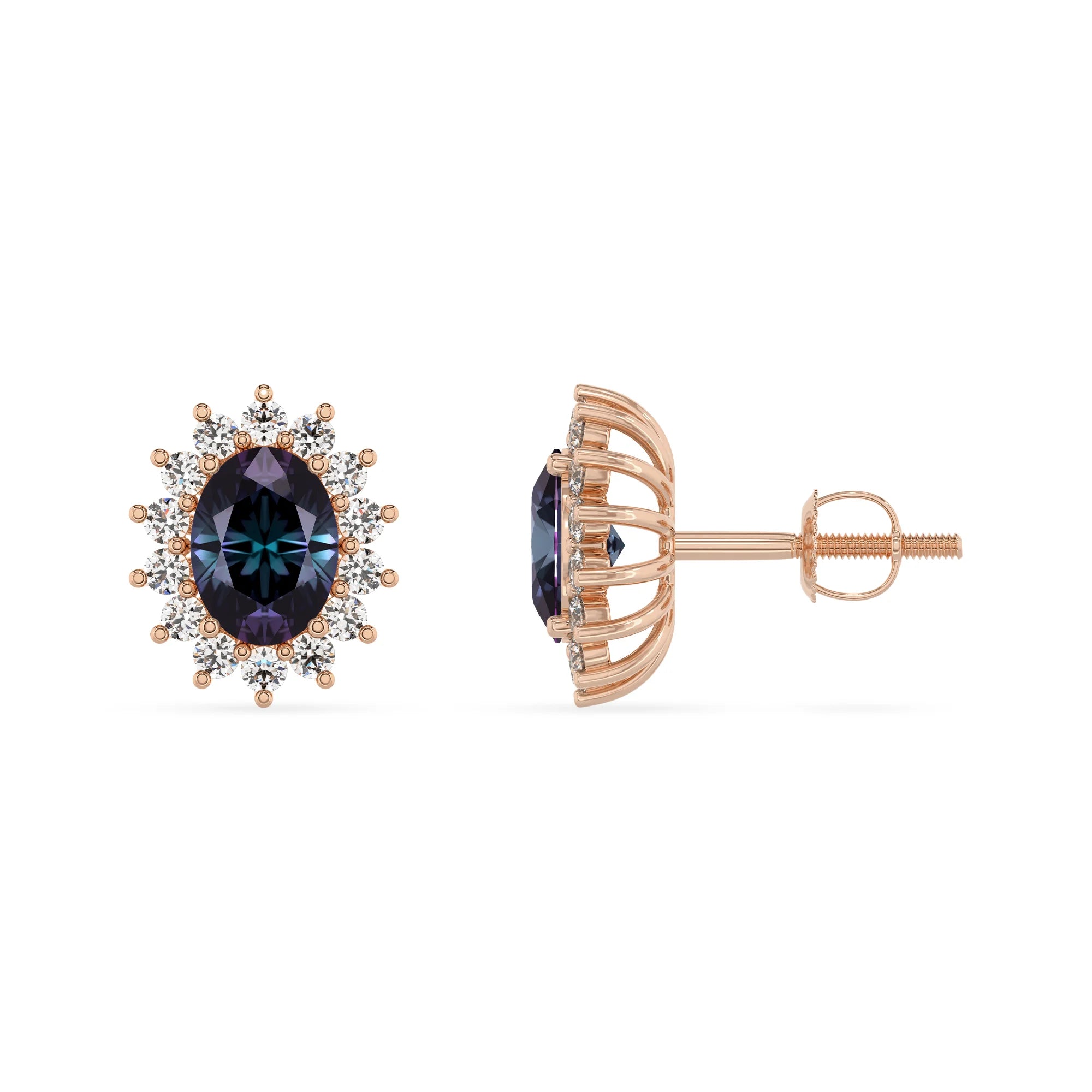lab grown alexandrite oval stud earrings in rose gold