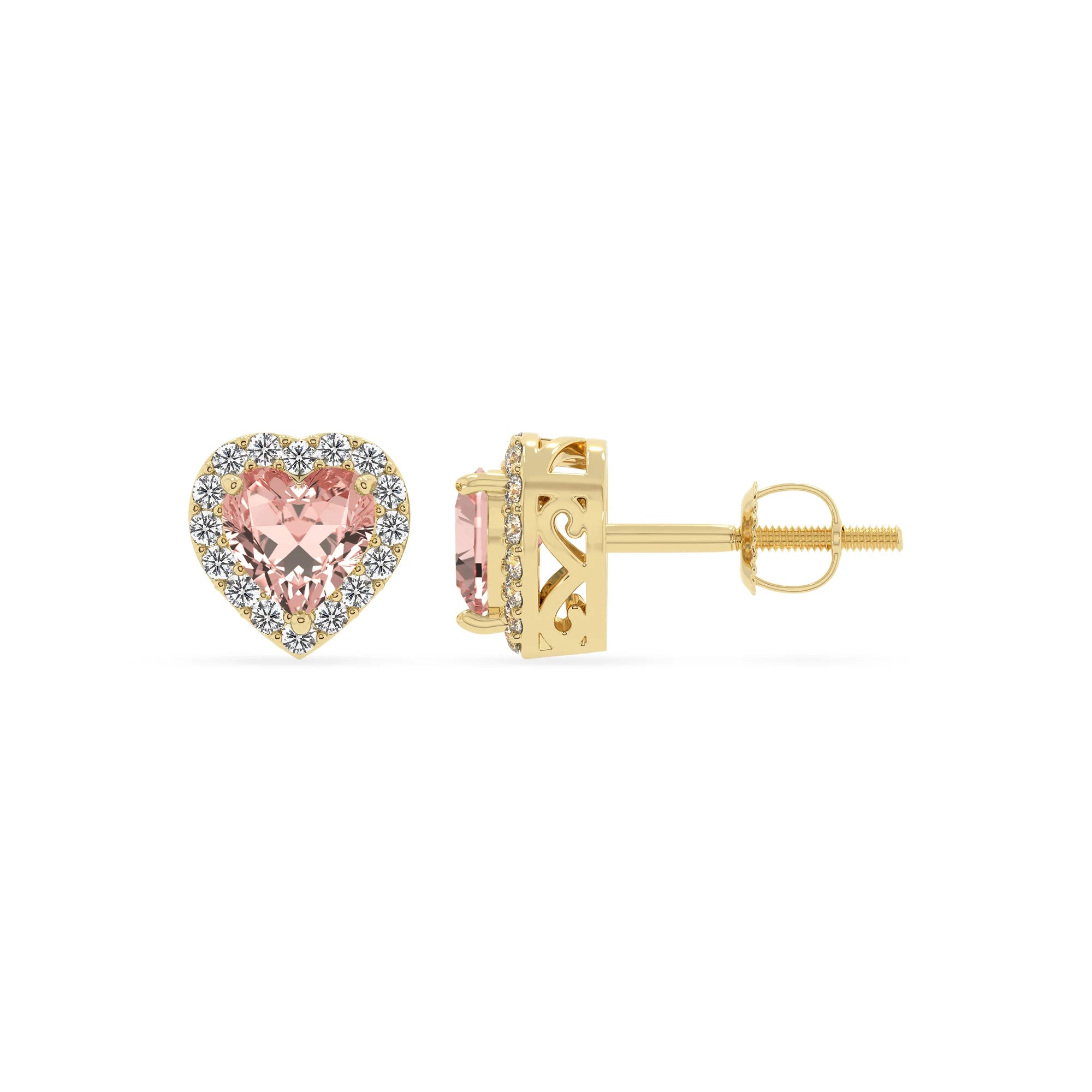 lab grown morganite heart stud earrings in yellow gold