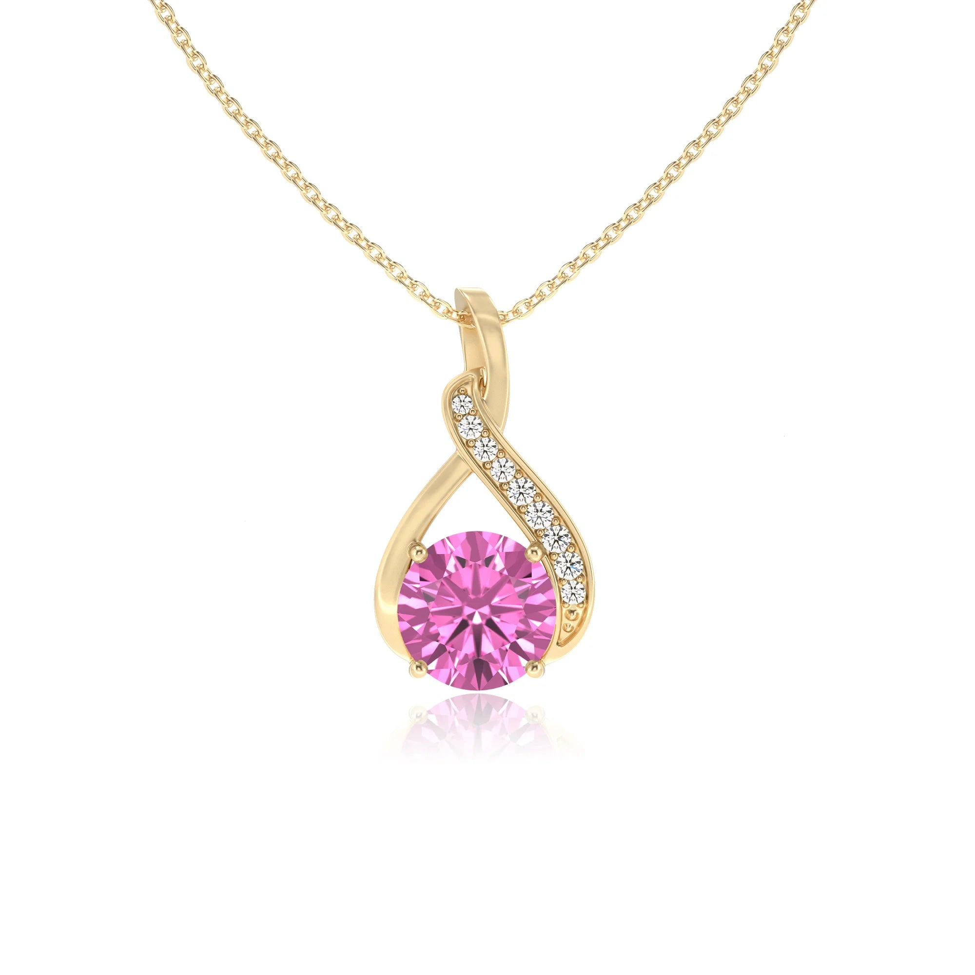 lab grown pink-sapphire round solitaire necklaces in yellow gold