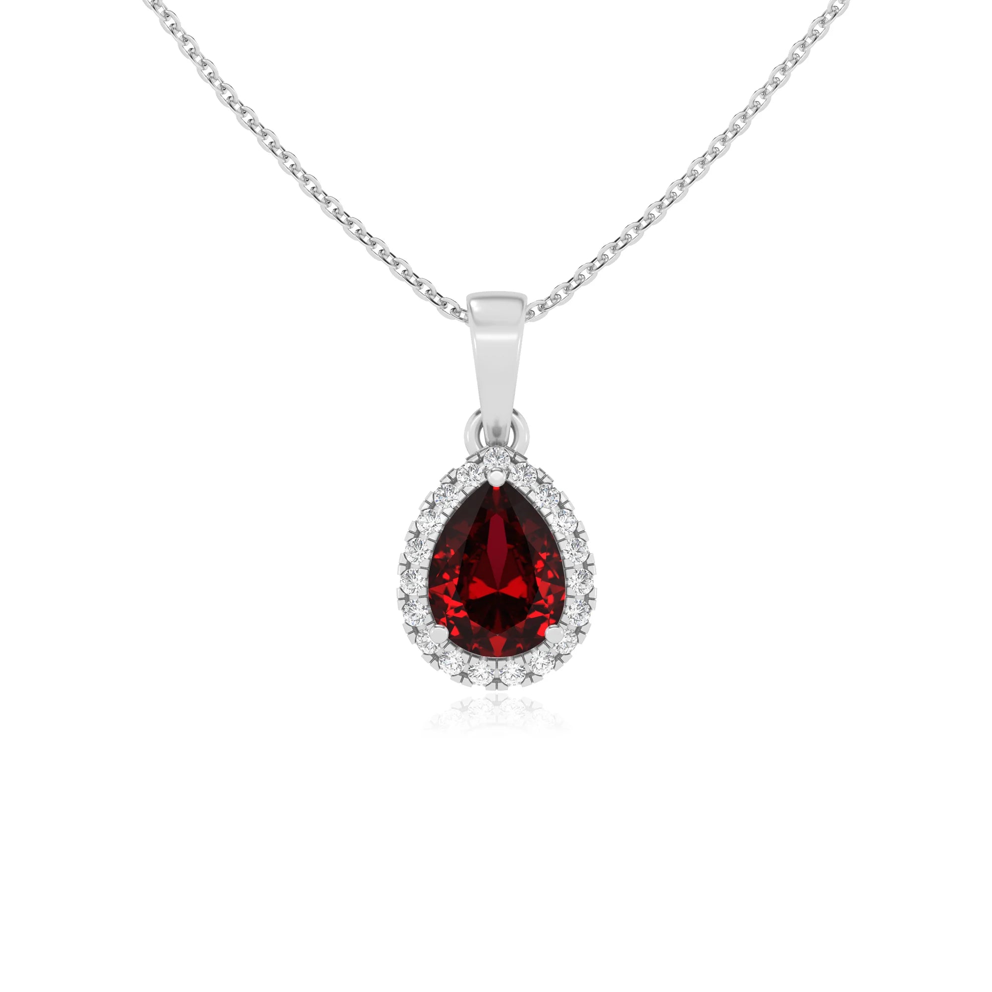 lab grown ruby pear solitaire necklaces in platinum