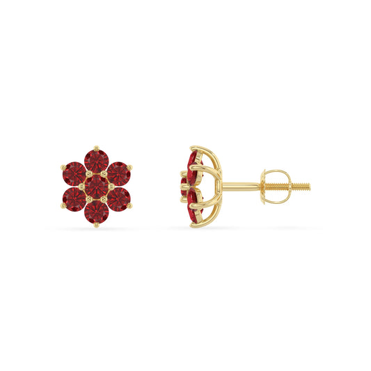 lab grown ruby round stud earrings in yellow gold