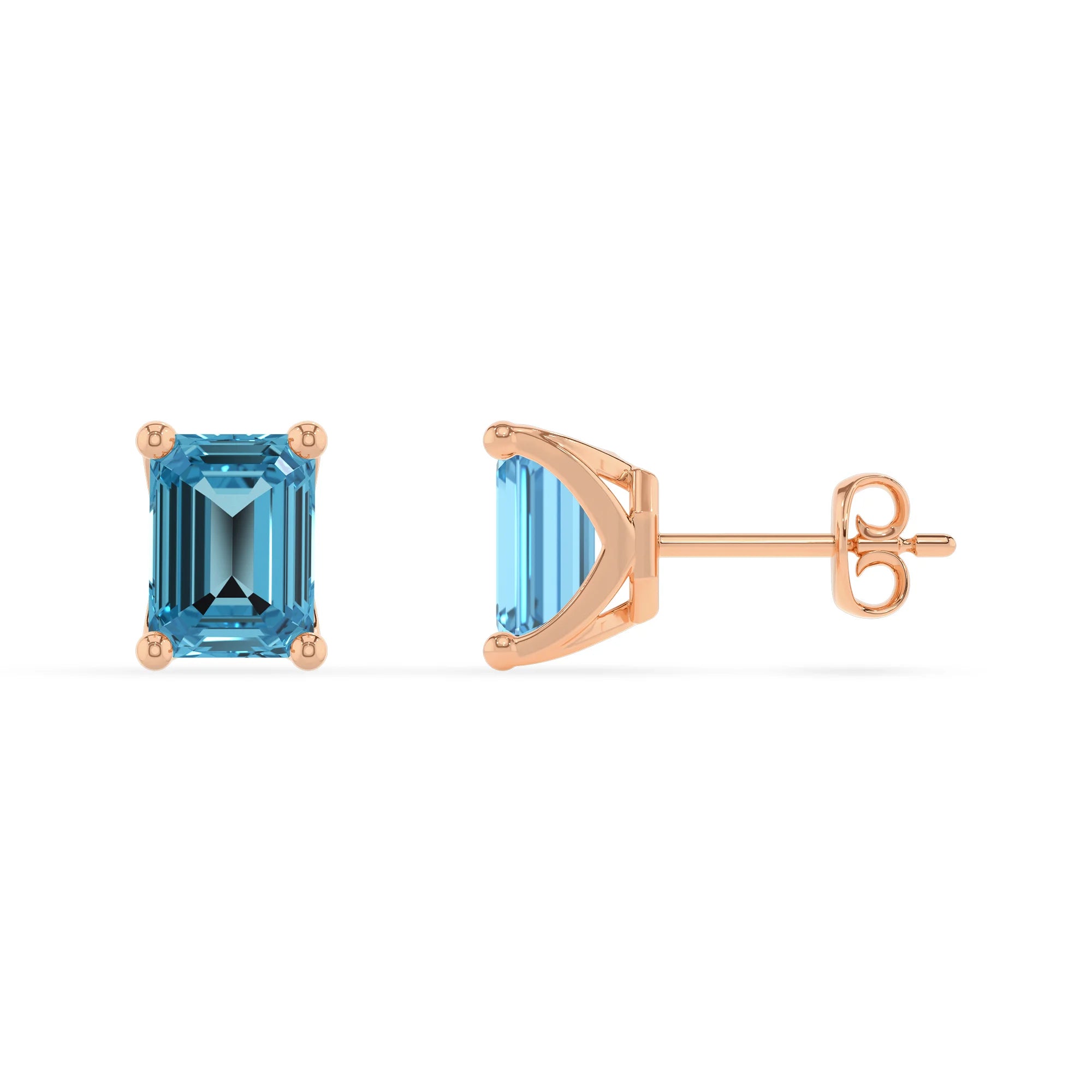 natural swiss blue topaz emerald cut stud earrings in rose gold