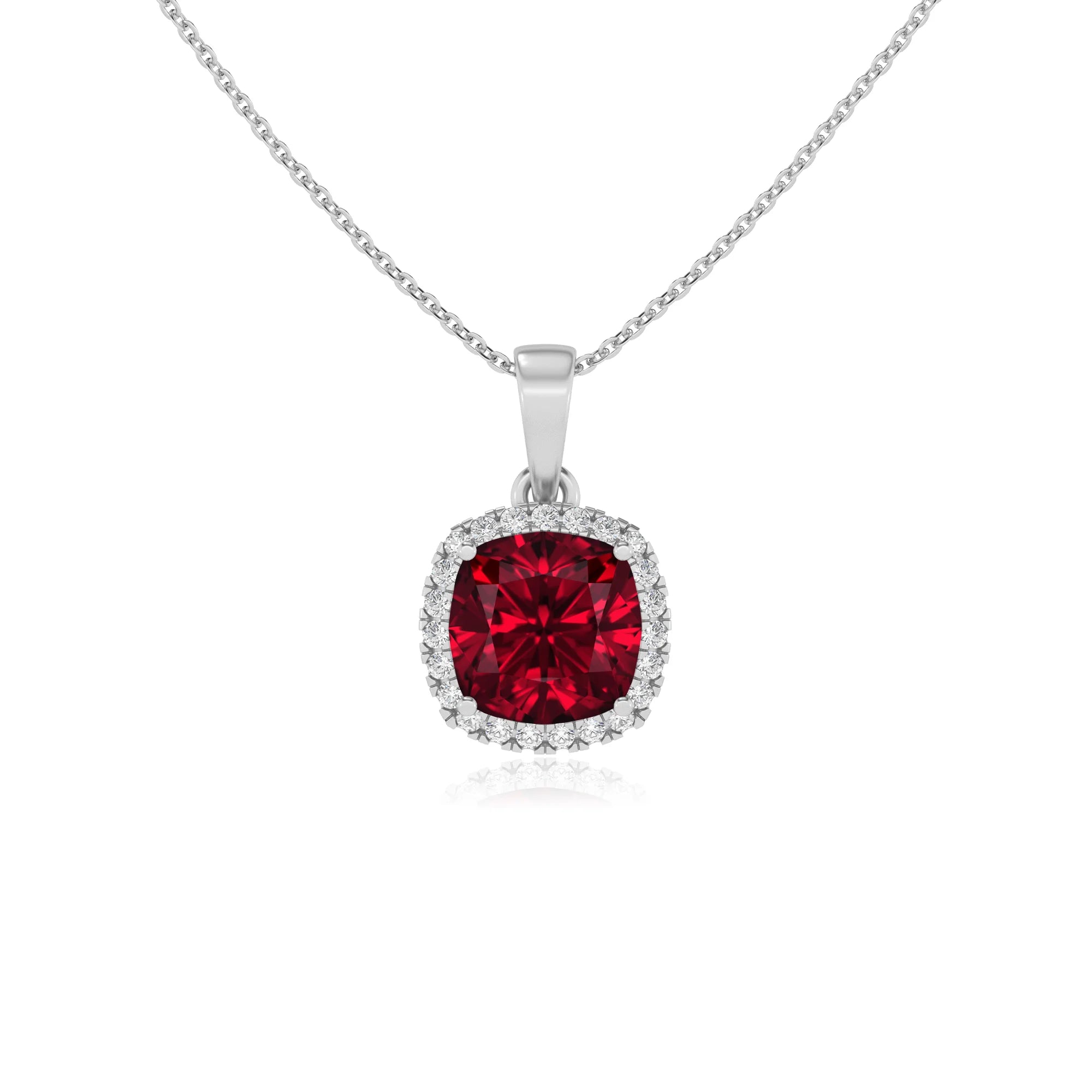 lab grown ruby cushion solitaire necklaces in sterling silver