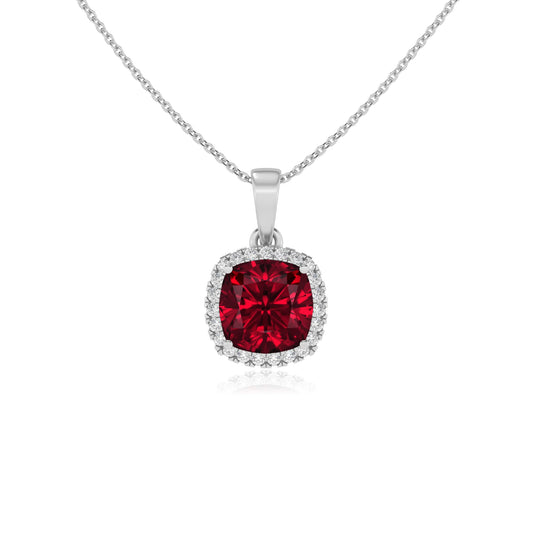 lab grown ruby cushion solitaire necklaces in sterling silver