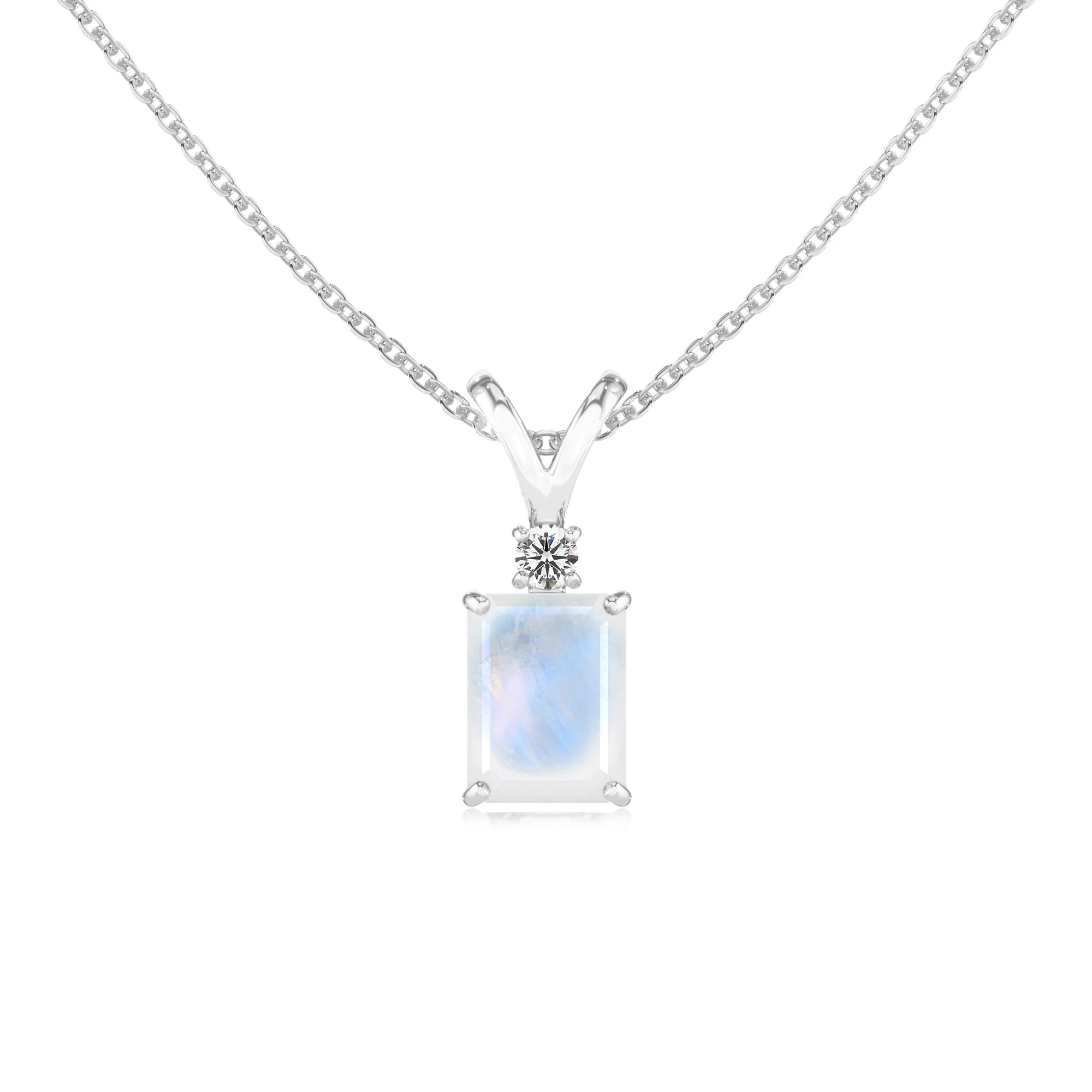 natural rainbow-moonstone emerald cut solitaire v-bale necklaces in sterling silver