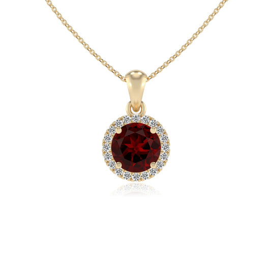 natural garnet round solitaire necklaces in yellow gold