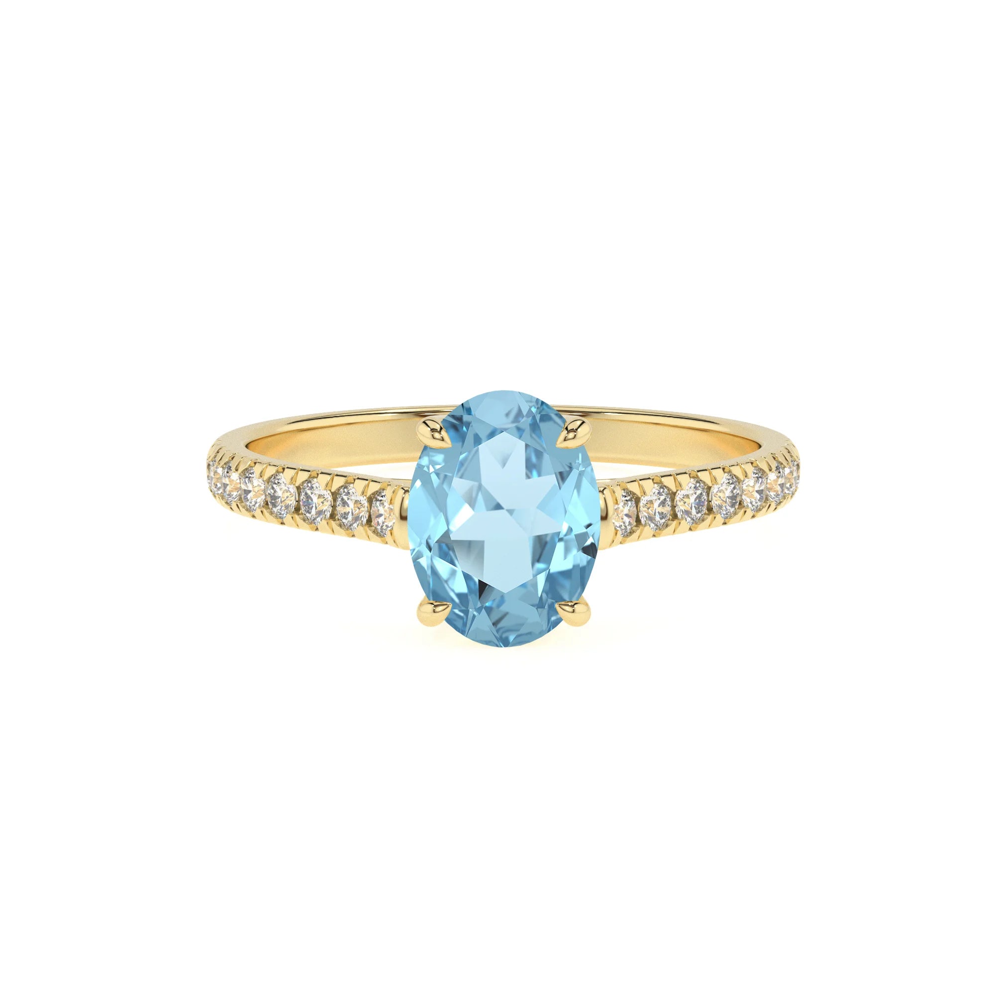 lab grown aquamarine oval half eternity solitaire engagement rings in yellow gold