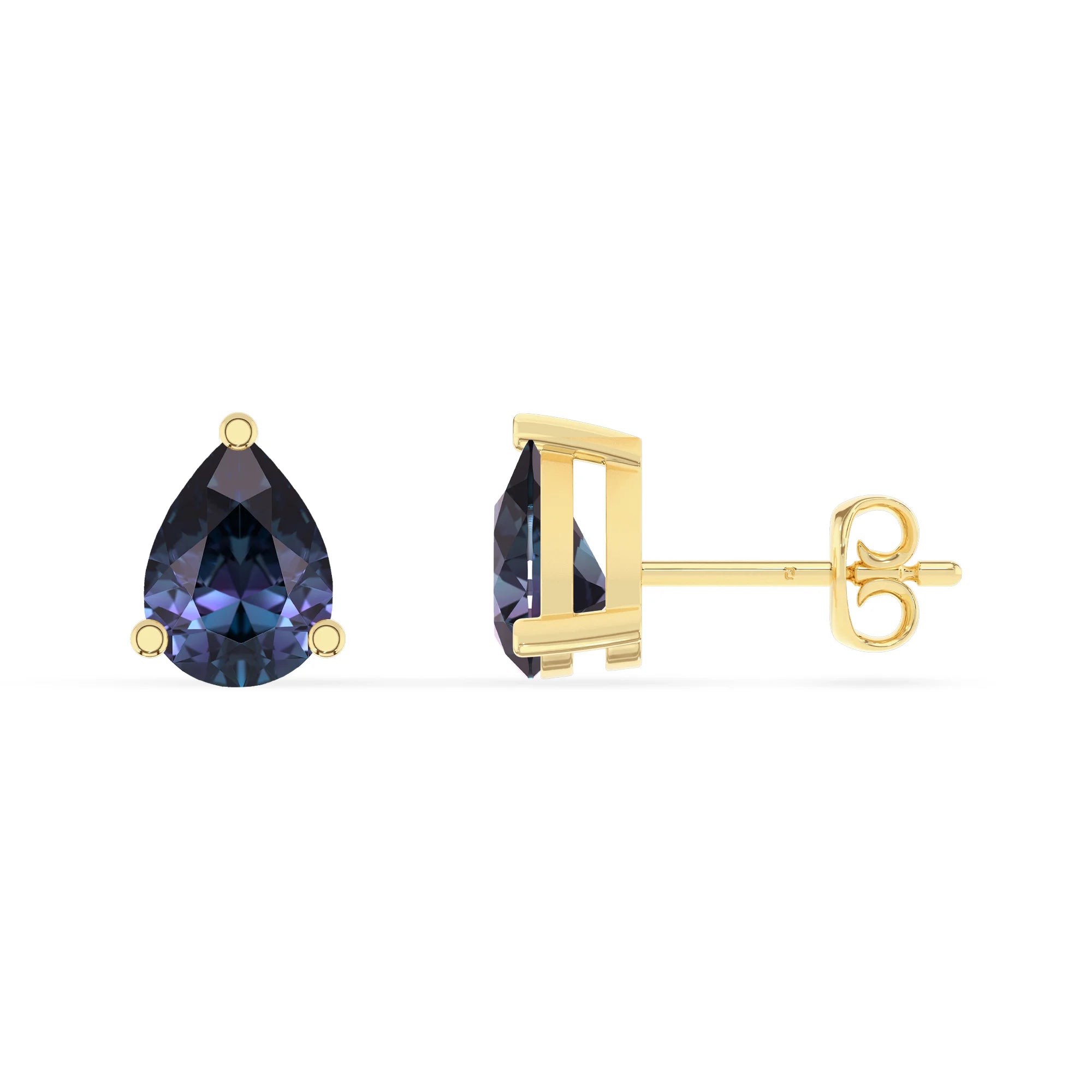 lab grown alexandrite pear stud earrings in yellow gold