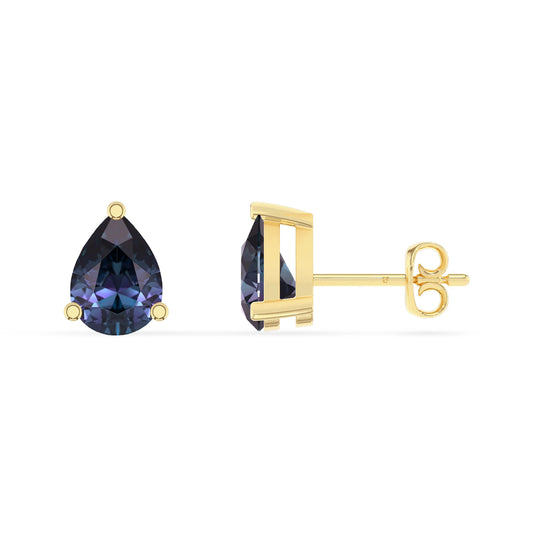 lab grown alexandrite pear stud earrings in yellow gold