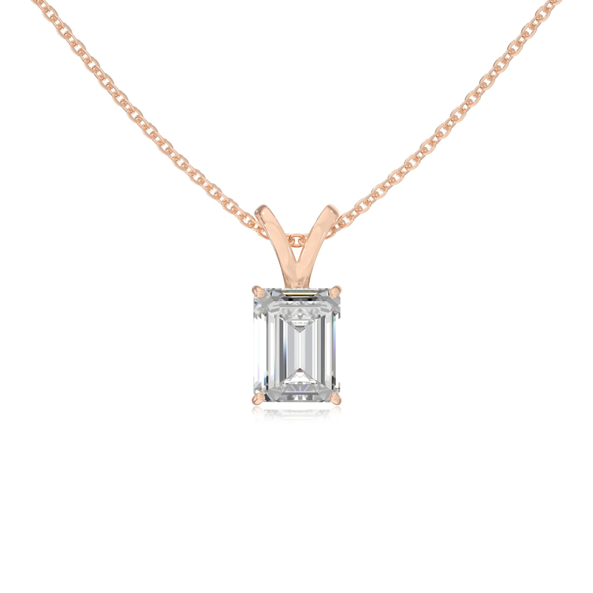 lab grown moissanite emerald cut solitaire v-bale necklaces in rose gold