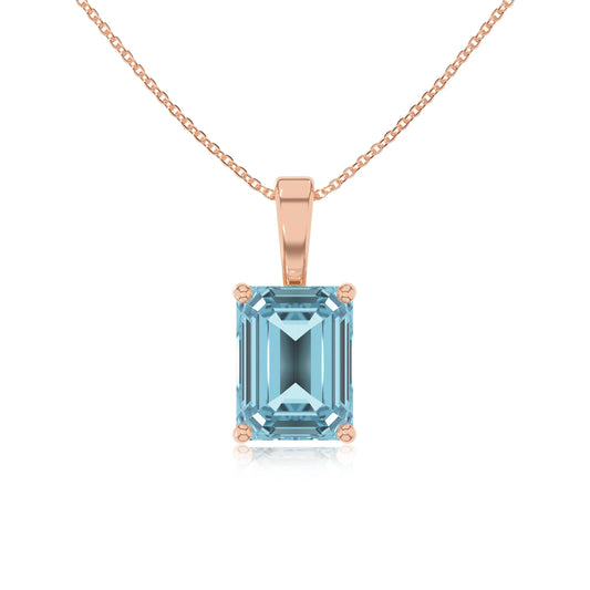 lab grown aquamarine emerald cut solitaire necklaces in rose gold