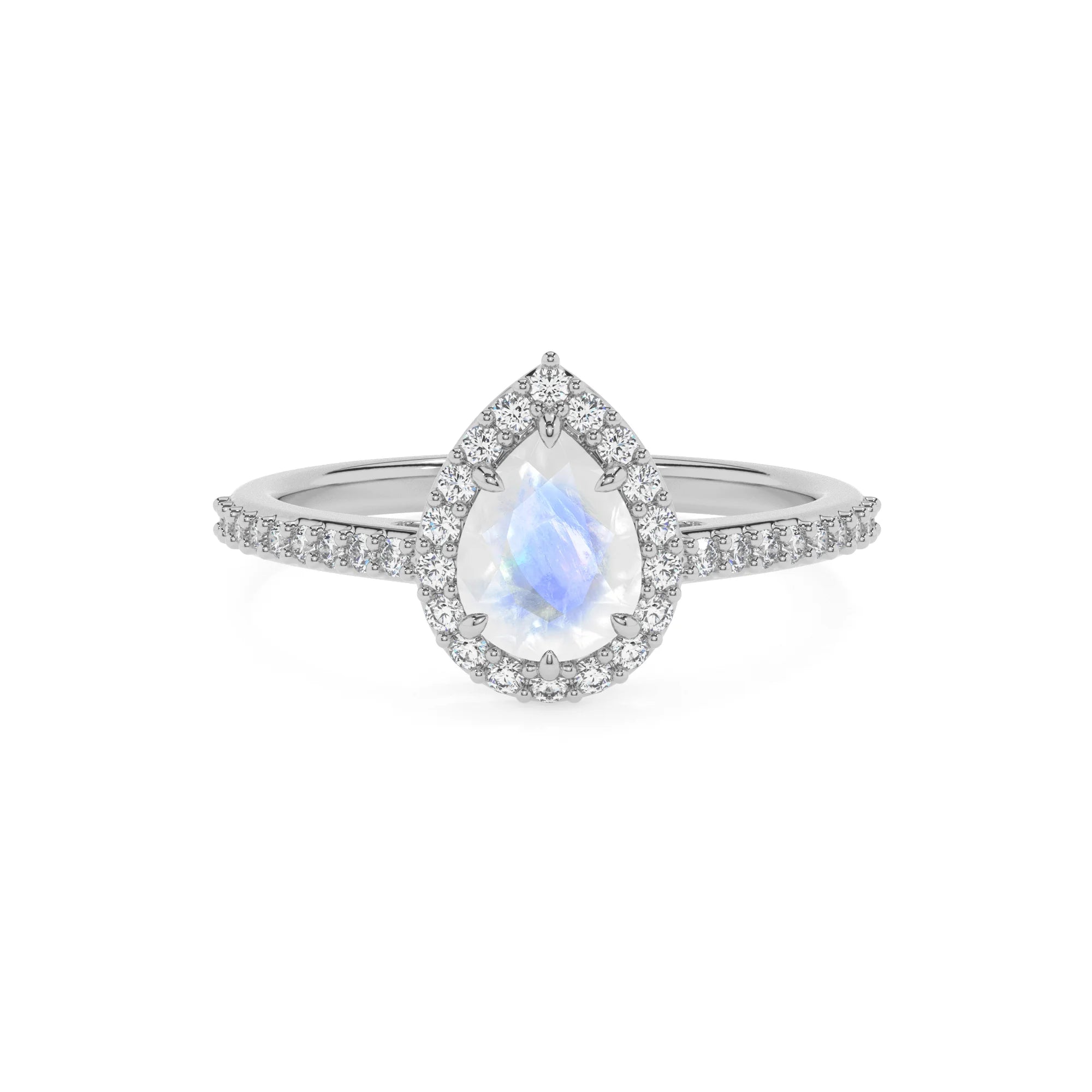 natural rainbow-moonstone pear solitaire rings in sterling silver