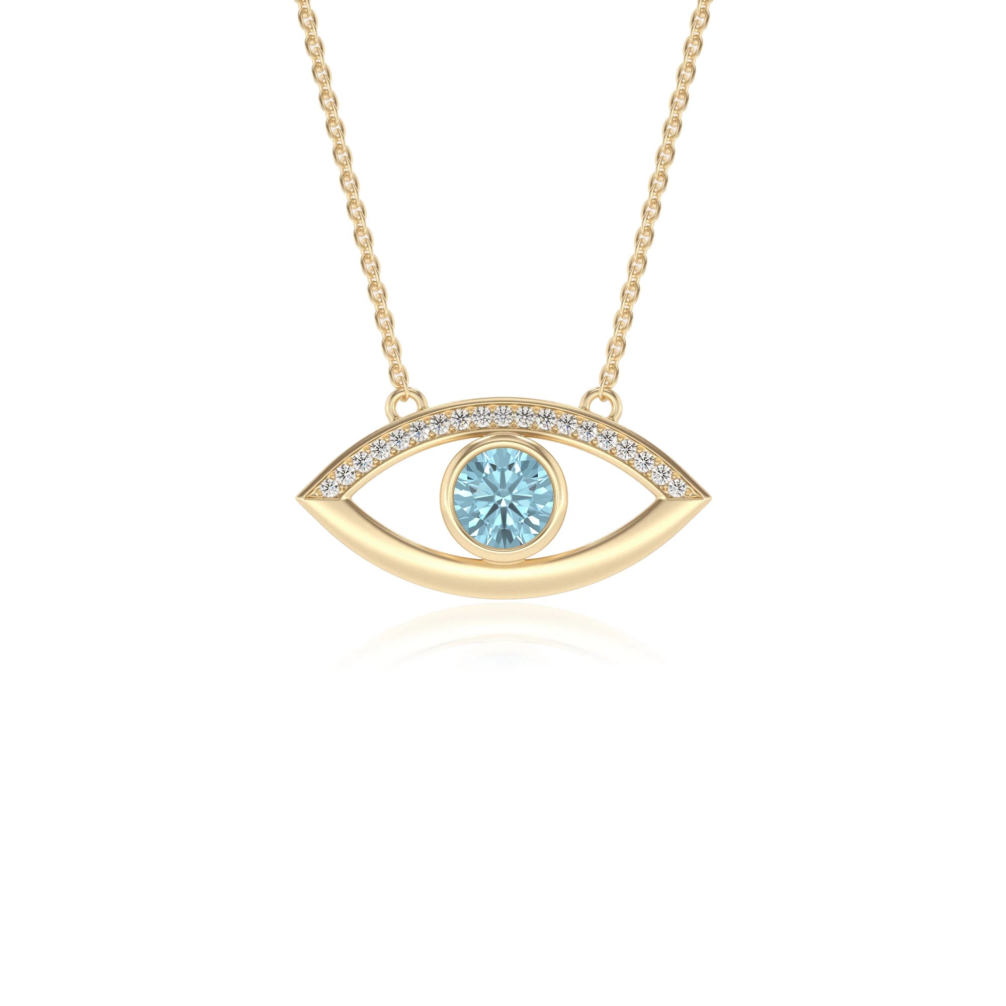 lab grown aquamarine round solitaire necklaces in yellow gold