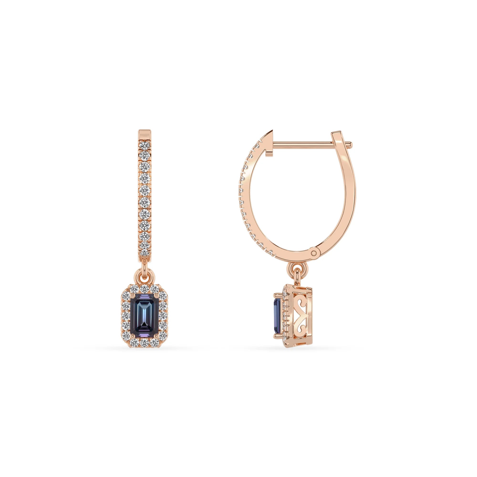 lab grown alexandrite emerald cut drop earrings in rose gold