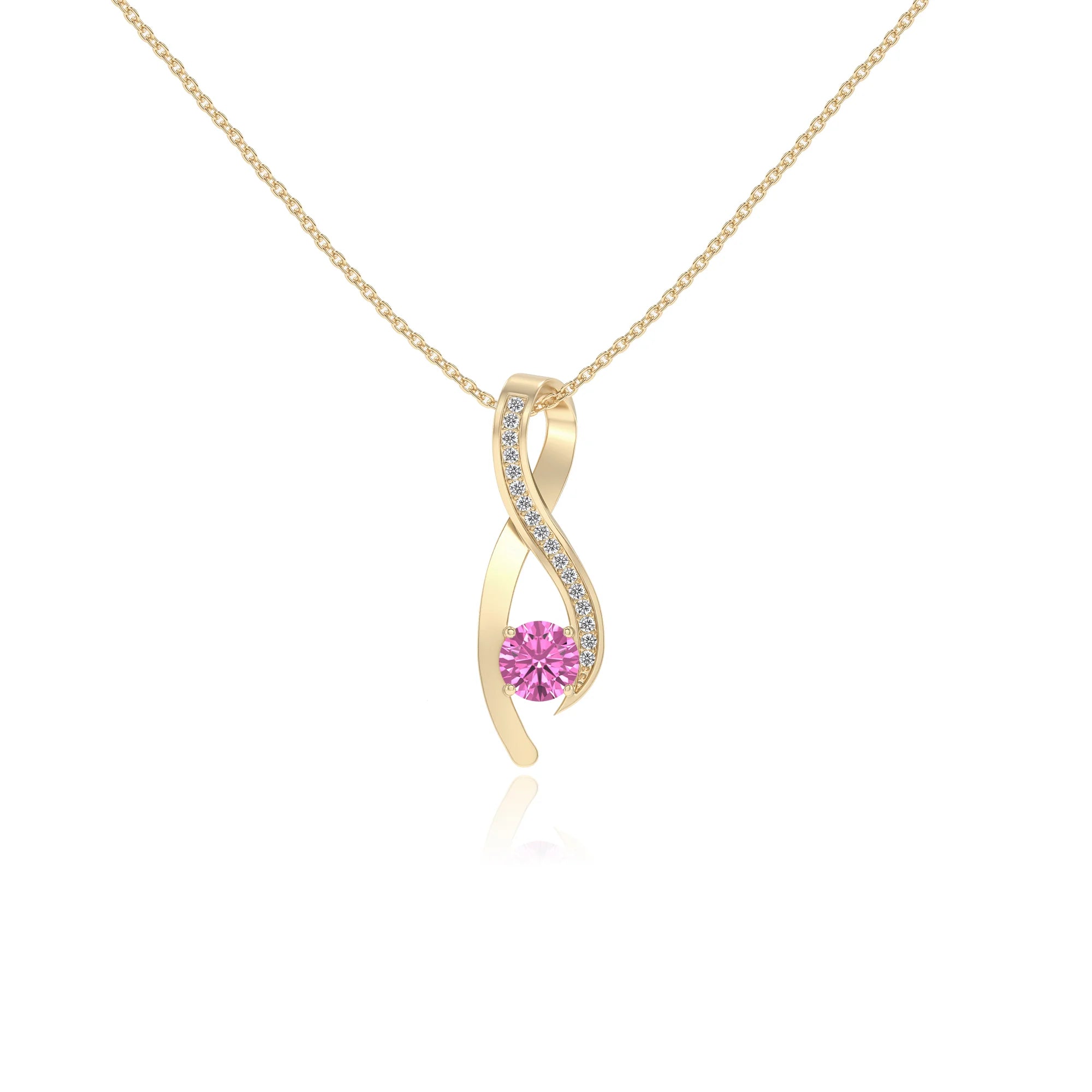 lab grown pink-sapphire round solitaire necklaces in yellow gold